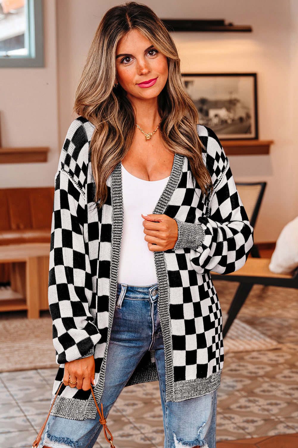 Brown Checkered Open Front Drop Shoulder Cardigan