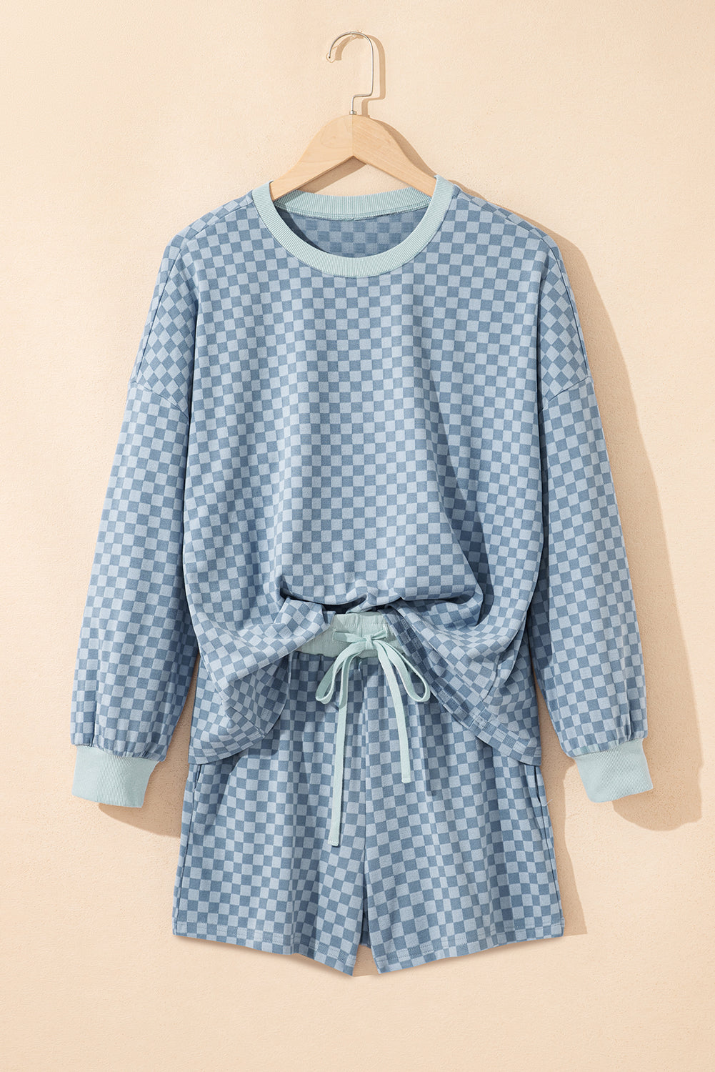 Sky Blue Checkerboard Long Sleeve Pullover and Shorts Set
