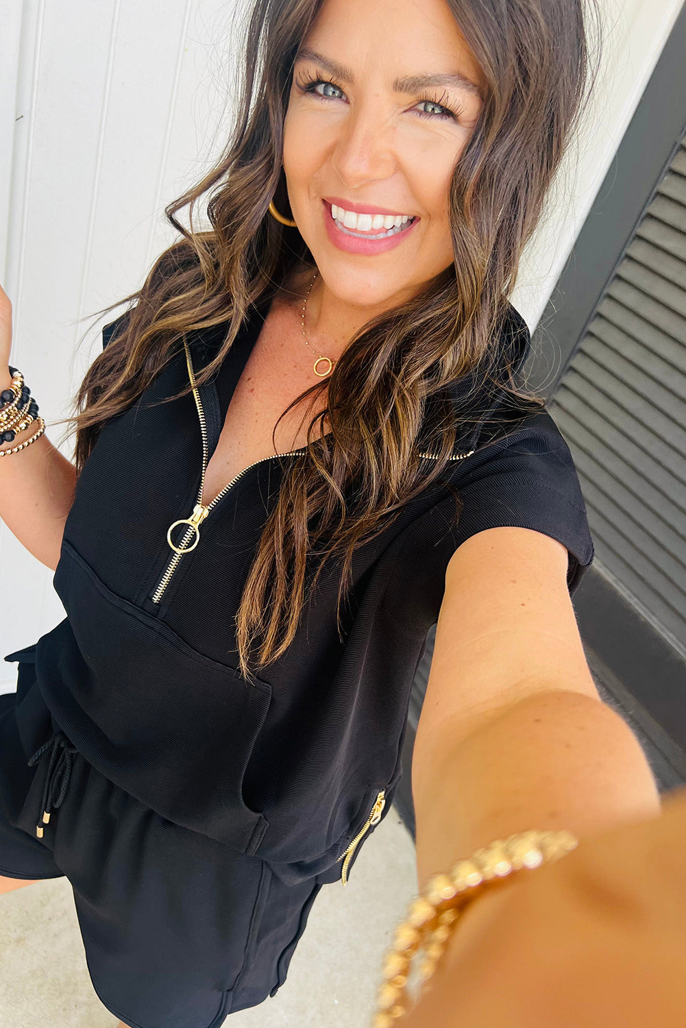 Parchment Textured Half Zip Kangaroo Pocket Top Drawstring Shorts Set