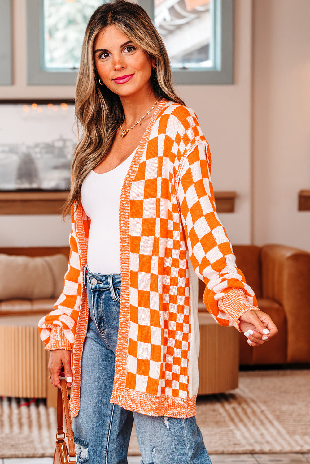 Brown Checkered Open Front Drop Shoulder Cardigan
