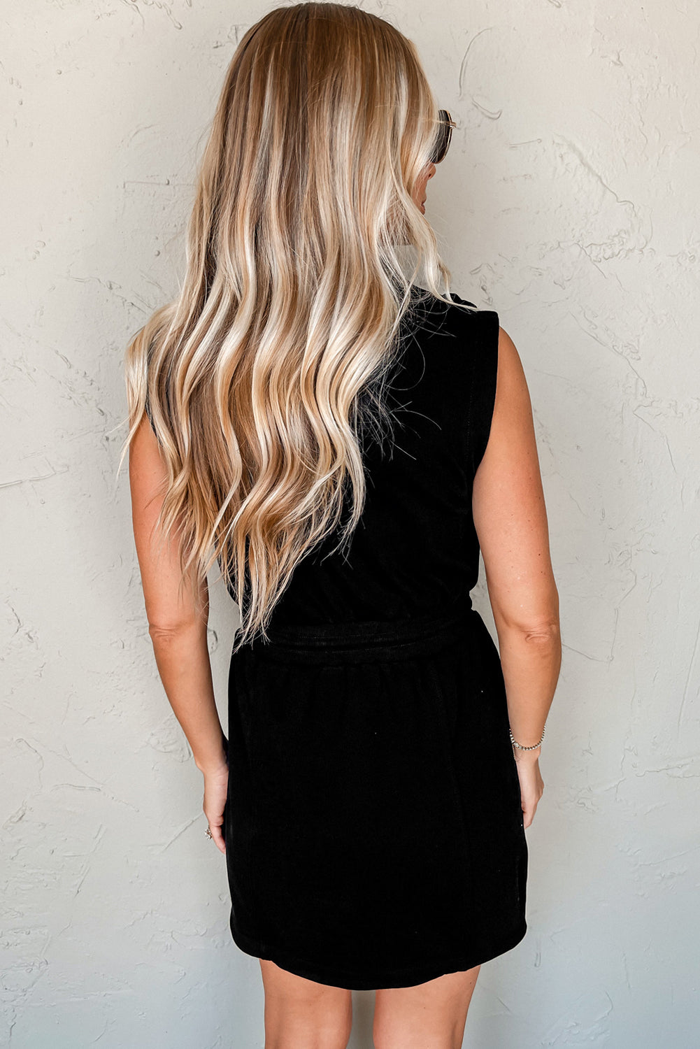 Mineral Red French Terry Zipped Collar Sleeveless Drawstring Waist Mini Dress